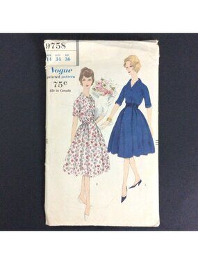 Vogue 9758 Vintage Belted Dress Sewing Pattern Size 14 Bust 34 Hip 36 1959 Uncut